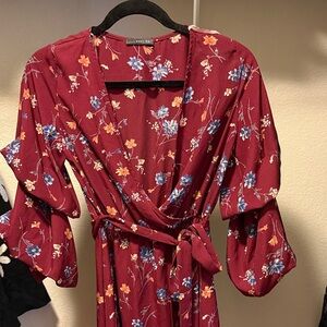 West Kei Burgundy Balloon Sleeve Floral Dress